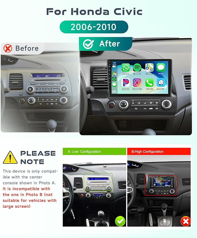 [4G+64G] for Honda Civic 2006-2011 Android Car Stereo with Wireless CarPlay Android Auto,10.1 Inch Android 13 IPS Touchscreen Car Audio Support Bluetooth GPS WiFi DSP Audio HD Rear Camera