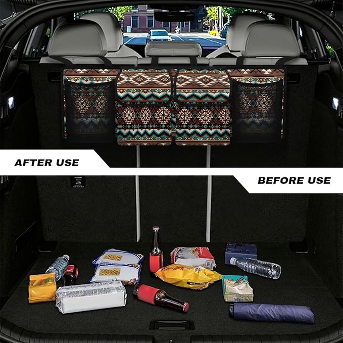 Tribal Aztec Print Car Trunk Organizer and Storage, Backseat Hanging Organizer for SUV, Truck, Waterproof Cargo Storage Bag with 4 Pockets, Car Interior Accessories