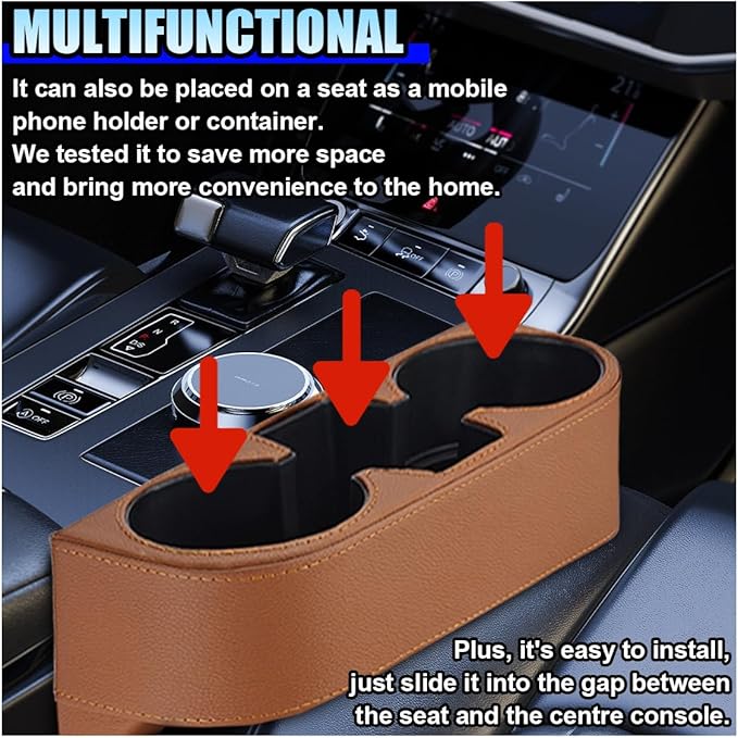 ZIMISI Car Cup Holder, PU Leather Auto Front Console Gap Filler Organizer, Multifunctional Cup Drink Holder, Car Seat Gap Filler Storage Box, Coin Bucket, Cell Mobile Phone Holder (Brown)