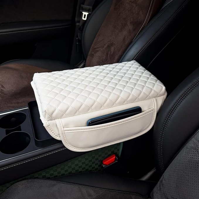 Center Console Cover for Tesla Model 3 2017-2022 2023 2024 or Model Y 2020-2022 2023 2024 Armrest Cover Cushion Pad PU Leather Armrest Seat Box Protector Accessories with Pockets Storage Bag (white)
