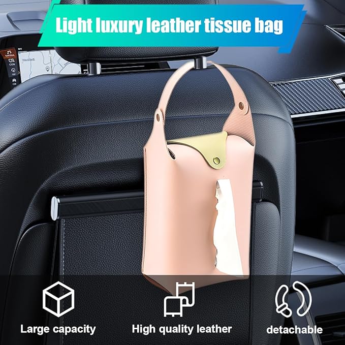 Car Tissue Holder, Large Car Headrest Hanging Tissue Box Cover, PU Leather Auto Napkin Holder, Universal Vehicle Backseat Paper Organizer for Cars Sun Visor (Pink)