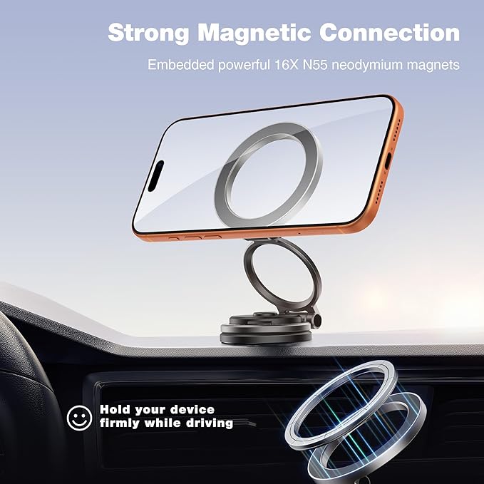 GolbinBox Car Phone Holder for MagSafe [360°Rotation] Metal Design iPhone Car Mount,Folding Car Mount [Detachable Base] Strong Magnetic Phone Holder for Car Dash,for iPhone 17 16 15 14 Pro Max, Gray