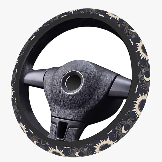 Sun Moon Steering Wheel Cover, Cute Print Elastic Steering Wheel Cover Protector, Ultra-Thin Skin-Friendly and Breathable, Car Accessories for Men, for Steering Wheel with a Diameter of 14.5"-15"