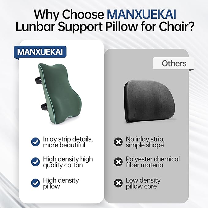 Lumbar Support Pillow for Office Chair, Back Support Pillow with Memory Foam, Relieves Back Pain, Removable Washable Cover & Adjustable Strap, for Car/Gaming Chair,Gift-Dark Green