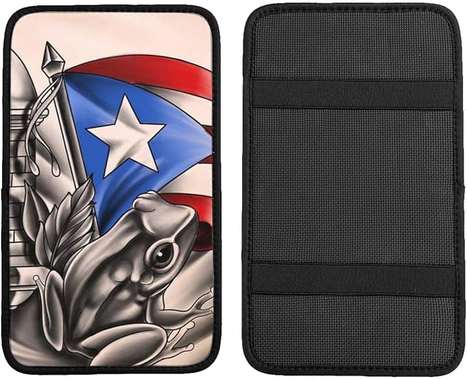 Puerto Rico Rican Flag Frog Car Handrail Box Cushion Auto Center Console Cover Car Center Console Cushion Pad Waterproof Car Armrest Seat Box Cover Fit for Car Truck Rv SUV, Black