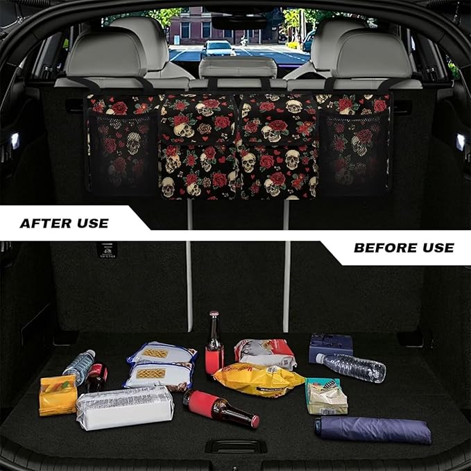 Red Rose Skull Car Trunk Organizer, Backseat Hanging Storage with 4 Large Pockets, Collapsible Cargo Bag with Adjustable Straps Sturdy Space Saving Expert for SUV, Truck, Van