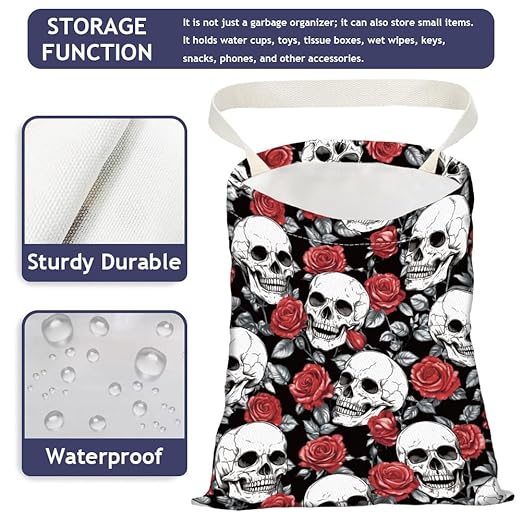 Skull Rose Print Car Trash Bag Hanging Garbage Bag with Snap Buttons Car-Back Seat Trash Storage Portable Dustbin for Car Interior Accessories Travel Camping