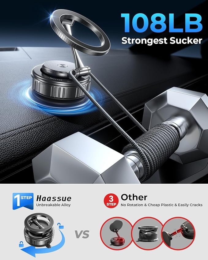 2026 Ultimate Vacuum Magnetic Car Phone Holder – 109+ LBS Super Strong Suction & 2800+ GF Magnetic Grip, 360° Rotation Dashboard/Windshield/Mirror Mount for iPhone 12–17&Samsung, Quick Lock, Black
