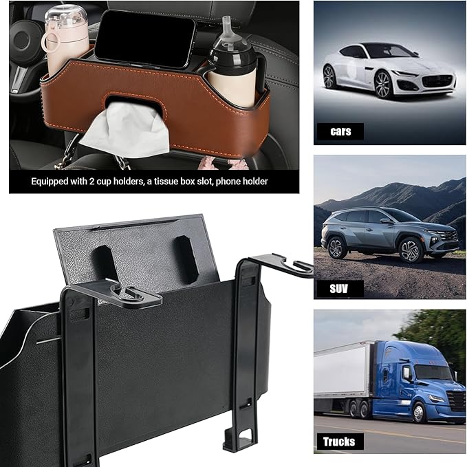 Sporacingrts 2 Pack Brown Car Seat Back Organizer with Cup Holders, Tissue Box, Hooks, Phone Slot, PU Leather Storage Box for Backseat, Universal Fit for Cars SUVs Trucks