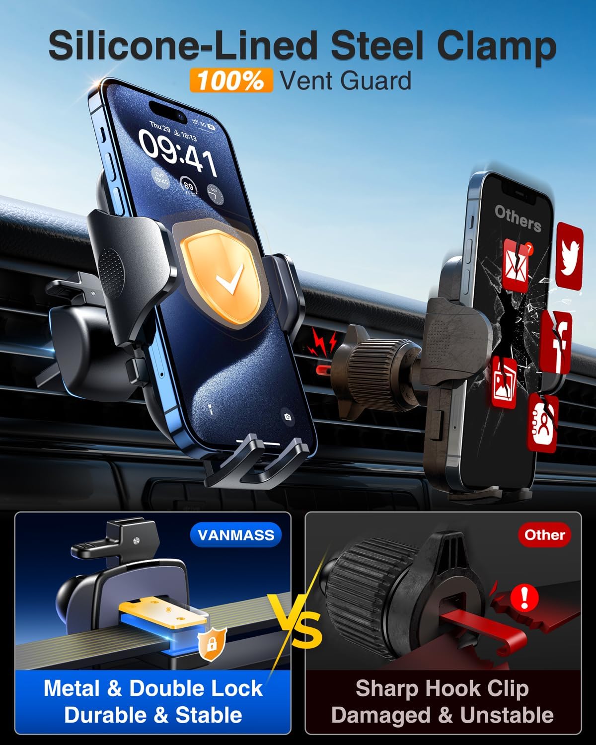 VANMASS Car Phone Holder 2025 Military-Grade Phone Holder for Your Car Windshield Dashboard【 65 Lbs Strongest Suction】【Patent & Safety Certs】 Universal Cell Phone Car Mount for iPhone Samsung Android