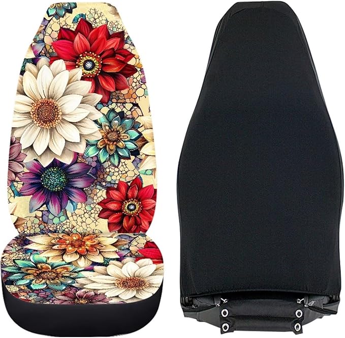BIGCARJOB Blossom Lotus Car Seat Covers Set for Front Only Boho Lotus Print Car Interior Accessories Cute Seat Protector for Cars Saddle Blanket,Fit Most Vehicle,Cars,Sedan