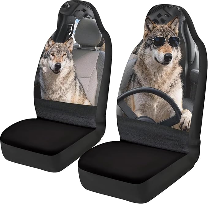 Wolf Car Front Seat Covers Anti-Slip Car Seat Covers for Front Seats Elastic Polyester Cool Auto Interior Accessories 2 Pcs Set Universal Fit for Most Cars,Sedans & SUVs