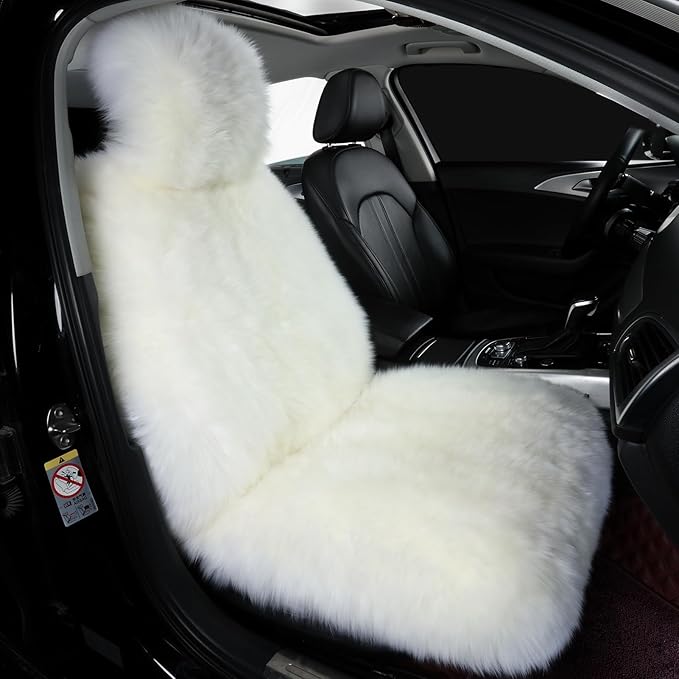 OGLAND Fluffy Sheepskin Car Seat Cover-Fuzzy Fur Auto Cushion for Universal Automotive Protector (Ivory White, 1 Pcs Front Seat Cover)