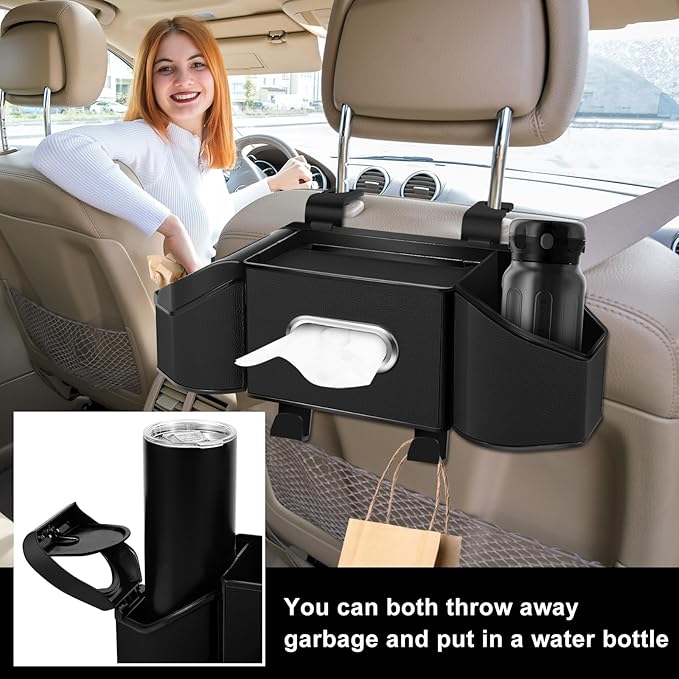 7-In-1 Car Seat Back Organizer with Cup Holders, Tissue Box, Garbage Can&Hooks, Multifunctional Headrest Storage Organizer, Headrest Cup Holder for Backseat, Car Accessories for Trips, Travels(Black)