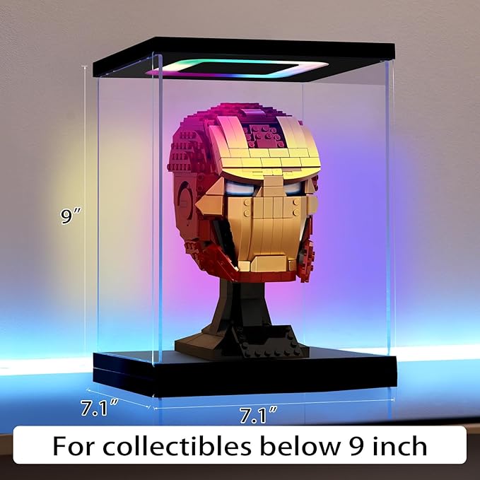 Clear Acrylic Display Case with Light for Lego Helmet, Multiple Color Lights Dustproof Protection Display Box for Collectibles Action Figures（7×7×9inch）