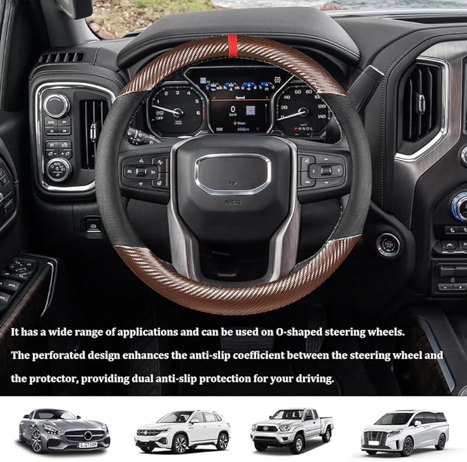 Car Steering Wheel Cover, Steering Wheel Accessories, 15 Inch Microfiber Leather Carbon Fiber Soft Anti-Slip Breathable, Car Accessories Elastic Non-Slip Cover for Most Vehicles (Coffee)