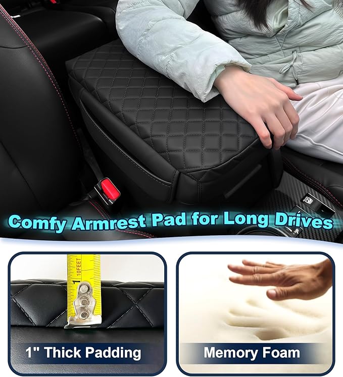Armrest Cover for Toyota 4Runner Center Console Pad with Organizer Storage Pockets, Black Faux Leather Arm Rest Lid Protector Cushion Interior Accessories (2025-2026)