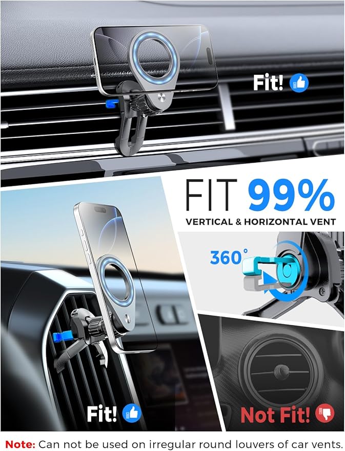 eSamcore Fits MagSafe Car Mount Strong N52 Magnets car Vent Magnetic Phone Mount Adjustable Air Vent Cell Phone Holder Clip for iPhone 16/15/ 14/13/ 12/ Pro Max [1 Pack]