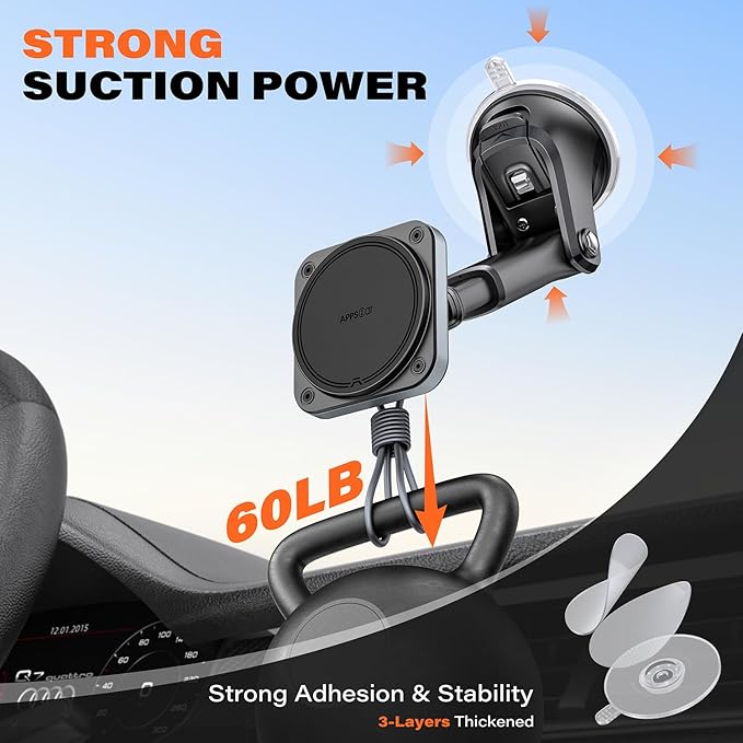 APPS2Car for MagSafe Car Mount, Extra Strong Hold Magnetic Phone Holder with 20xN55 Magnets, Suction Cup Stand for Windshield Dashboard, Adjustable Telescopic Arm, Fit for iPhone Samsung