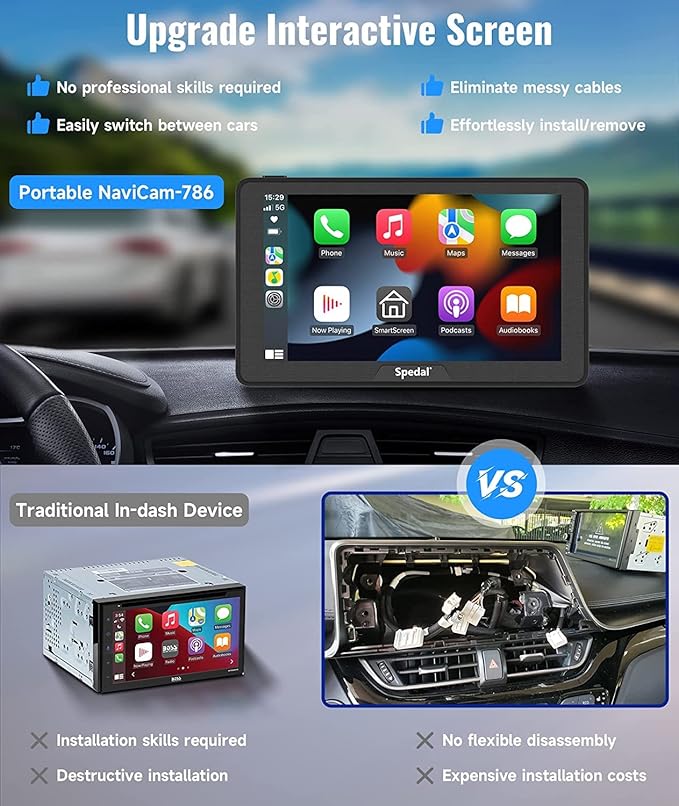 Portable Car Stereo with Wireless CarPlay and Android Auto, Spedal CL786 CarPlay Screen for Car, Portrait & Landscape 7" IPS Touchscreen, Mirror Link/Bluetooth/Navigation/Voice Control