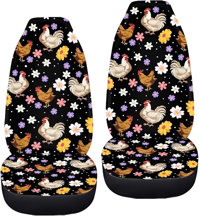BIGCARJOB Boho Chicken Car Seat Protector - Full Set of 2 Pieces Hippie Daisy Chicken Vehicle Bucket Seat Pad for Women's Auto Interior