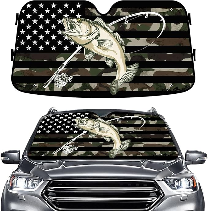 GENANY Fishing Flag Windshield Sun Shade for Car SUV Truck (55x30 Inches), Sun Shade Windshield, Shades for Windows, Protector Blocks UV, Car Decor