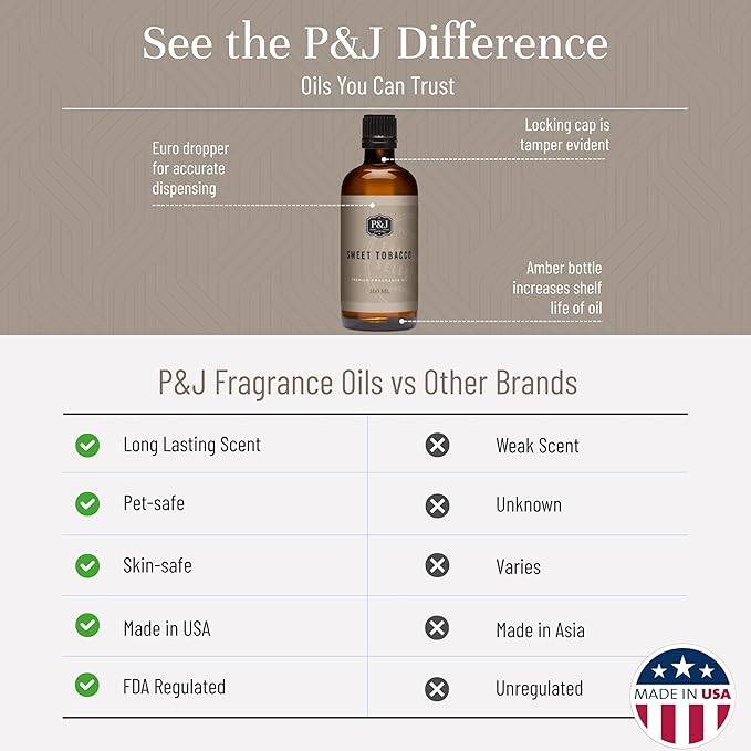 P&J Fragrance Oil Sweet Tobacco 100ml - Candle Scents, Soap Making, Diffuser Oil, Aromatherapy