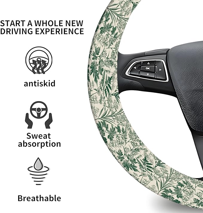 Elastic Car Steering Wheel Cover, Universal 20 inch Non-Slip Breathable Neoprene Steering Wheel Protector, Car Accessories for Women Men Fit Auto, Suvs, Truck Green Floral