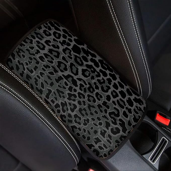 Suobstales Black Leopard Print Car Center Console Pad for Women Men Universal Accessories Vehicle SUV Truck Auto Armrest Cover Protector Cushion Decoration
