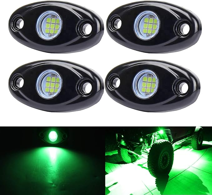 Green LED Rock Lights, 4 Pods Neon 12V Waterproof Underglow Underbody Kit Crawler Crawling Dome Exterior Wheel Lights for ATV RZR UTV SUV Off-Road Auto Boat Motorcycle Glow Trail Rig Fender Lamp