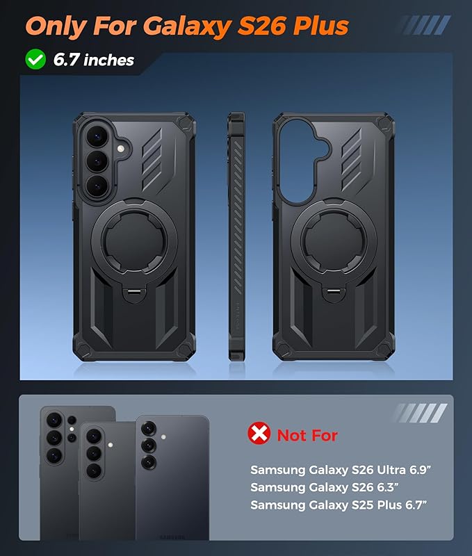 FNTCASE for Samsung Galaxy S26+ Plus Case: with [Magnetic Ring Kickstand] [Screen Protector] [Compatible with MagSafe] [Military-Grade Drop Protection] Shockproof Grip Bumper TPU Sturdy Cases Black
