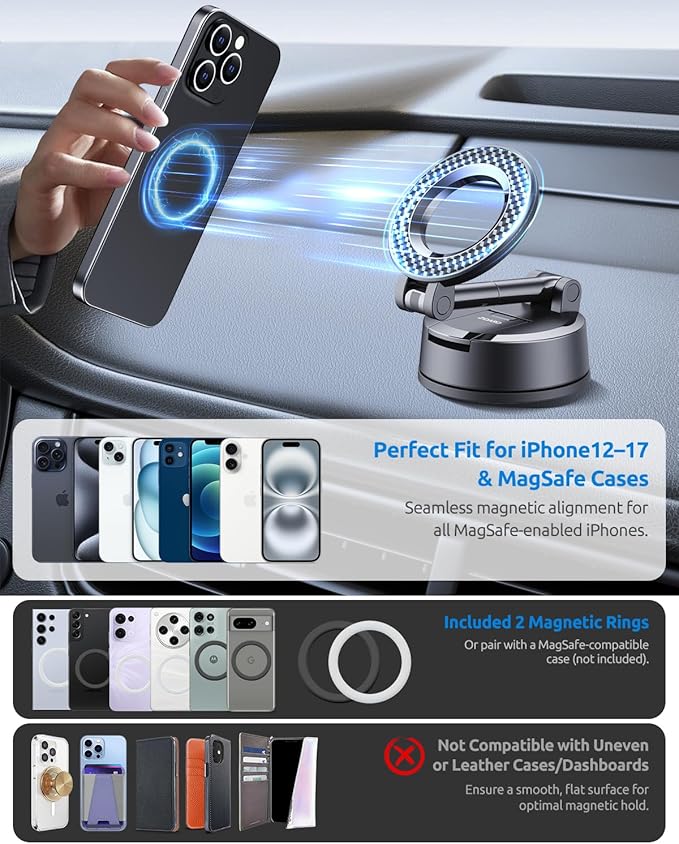 Vacuum Magnetic Car Phone Holder, 360°Adjustable, Compatible with iPhone 12-17 Series & Dashboard Mount & Tesla, 80+LBS Strong Suction Cup Phone Holders for Your Car, MagSafe-Compatible (Carbon Fiber)