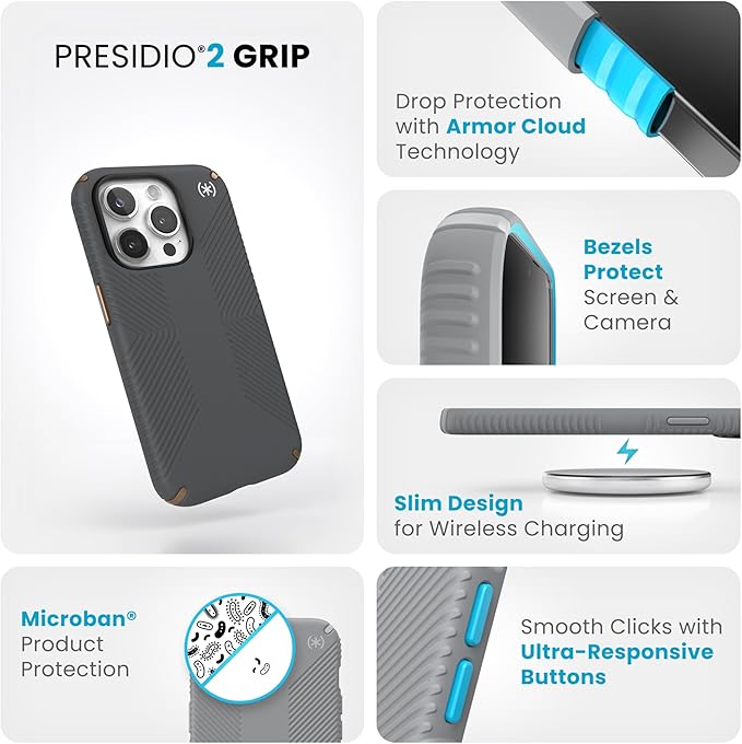 Speck iPhone 15 Pro Case - Drop Protection, Grip - Scratch Resistant, Soft Touch, 6.1 Inch Phone Case - Presidio2 Grip Charcoal Grey/Cool Bronze/White