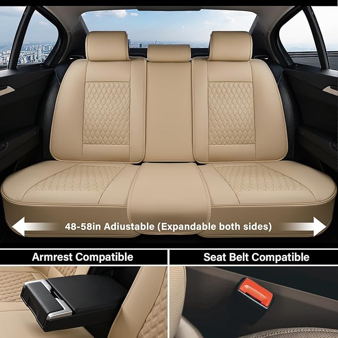 Coverado Leather Rear Seat Covers for Cars, Waterproof Back Seat Cover, Universal Automotive Seat Cushion Protector for Most Cars Trucks SUV (Beige)