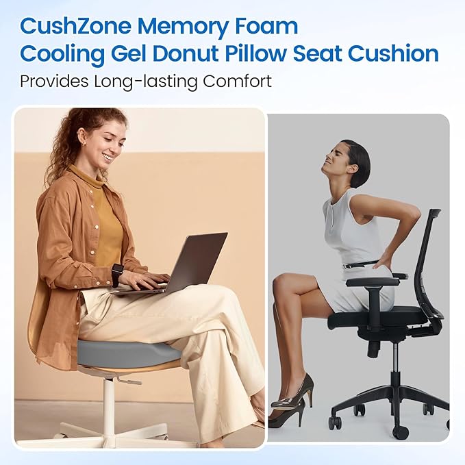 Donut Pillow Seat Cushion - Cooling Gel Outdoor Chair Cushions, Memory Foam Cushion for Office and Home, Car Seat and Patio Cushions, Hemorrhoids Pillow, Sciatica and Tailbone Pain Relief, Light Grey