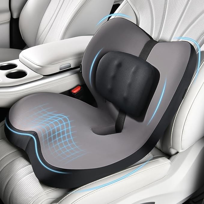 FLORICH 2 in1 Truck Seat Cushion and Lumbar Support Pillow Memory Foam Car Seat Cushion with Adjustable Strap for Truck Driver Long Drives, Fits Semi Truck Seat,Car,Office&Gaming Chair(Light Black)