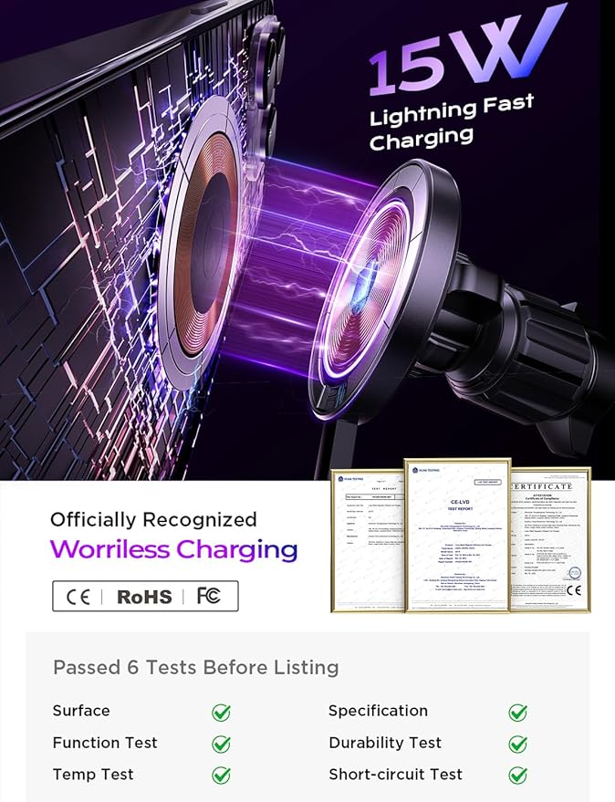 LISEN for 15W MagSafe Car Mount Charger,Wireless Car Charger,Magnetic Phone Holder for Car,Phone Holders for Your Car Accessories for Women Men Jeep Ford F150 for iPhone 17 16 15 14 13 12,Samsung