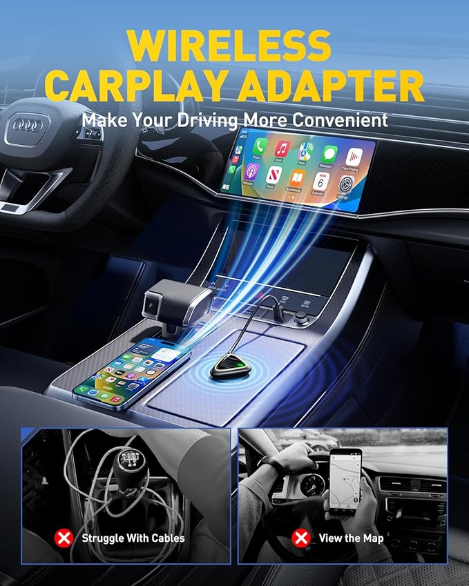 2027 Mini CarPlay Wireless Adapter for Apple, Upgrade Factory Wired Carplay to Wireless CarPlay Adapter, No Latency for iPhone iOS 10+ and Cars from 2015+, USB & Type-C, Plug & Play