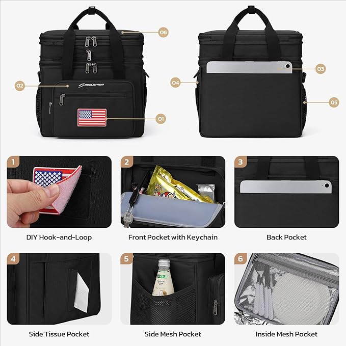 Maelstrom Lunch Box, 23L Insulated Lunch Bag, Expandable Double Deck Cooler Bag, Lightweight Leakproof Tote Bag With Side Tissue Pocket, Suit For Men and Women (F Black with DIY Hook-and-Loop)