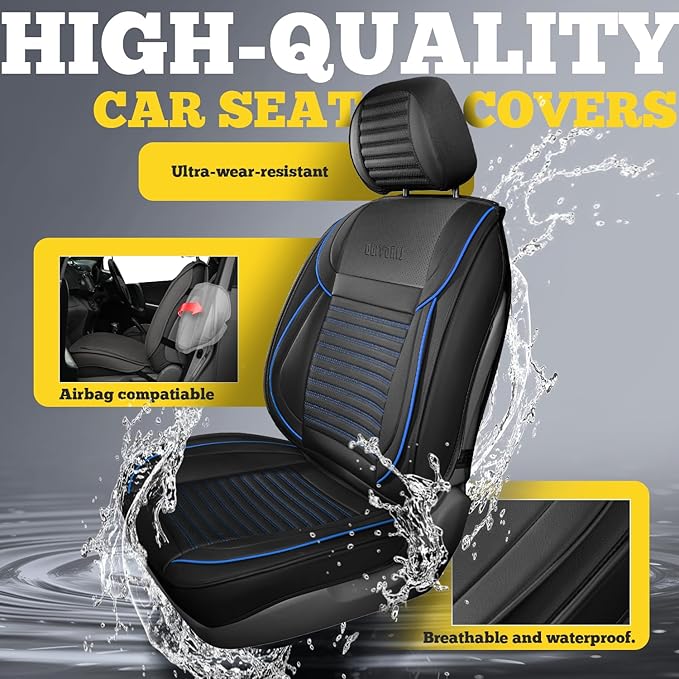 LINGVIDO Front Car Seat Covers, Faux Nappa Leather, Airbag Compatible and Waterproof Protectors for Sedans SUVs, Breathable Anti-Slip Interior for Commuters and Rideshare, Black/Blue
