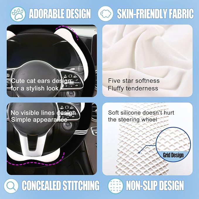 Furry Cute D Shaped Steering Wheel Cover, Soft Fluffy Short Plush Auto Accessories, Non-Slip Cold-Proof Sweat-Proof Colorfast, Universal 15 inch(Black with White)
