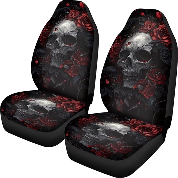 ELEQIN Gothic Raven Skull Car Seat Covers Two Front Only for Car, Automotive Interior Covers, Quick Setup Universal Fit Seat Covers for Car, Truck, SUV