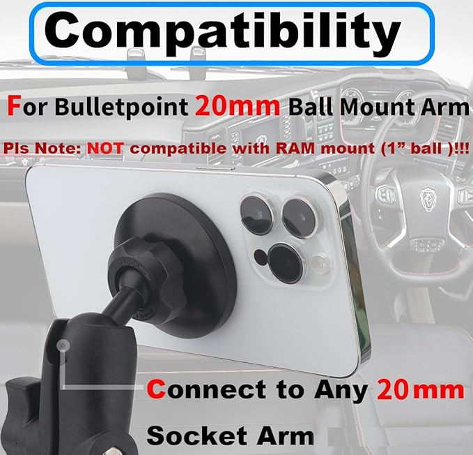Dash Mount Magnetic Cell Phone Holder for MagSafe iPhone Smartphones, 20mm (0.787 inches) Ball Phone Car Mount for Bulletpoint/for Tackform 20mm Mounting Solutions