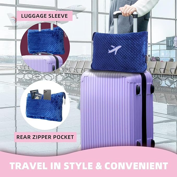 3 in 1 Travel Blanket Pillow Set - 350 GSM Thick Travel Blanket Airplane Compact with Bag, Soft Bag with a Pocket, Inflatable Travel Pillow for Camping & Car Trip (Royal Blue)