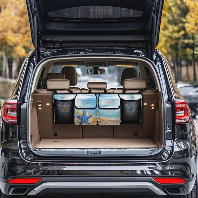 Foldable Car Backseat Trunk Organizer Beach Starfish Conch Collapsible Cargo Bag for SUVs&Sedans Auto Hanging Seat Back Storage
