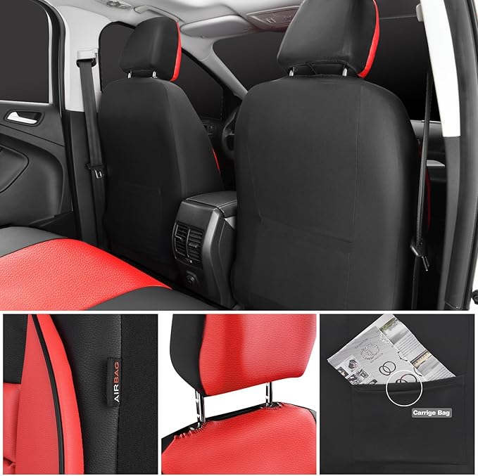 CAR PASS Leather Car Seat Covers Front Seats Only, Universal Fit Automotive Interior Waterproof 3D Foam Back Support Car Seat Covers for Trucks Vans and SUVs Airbag Compatible 2 Pieces （Black Red
