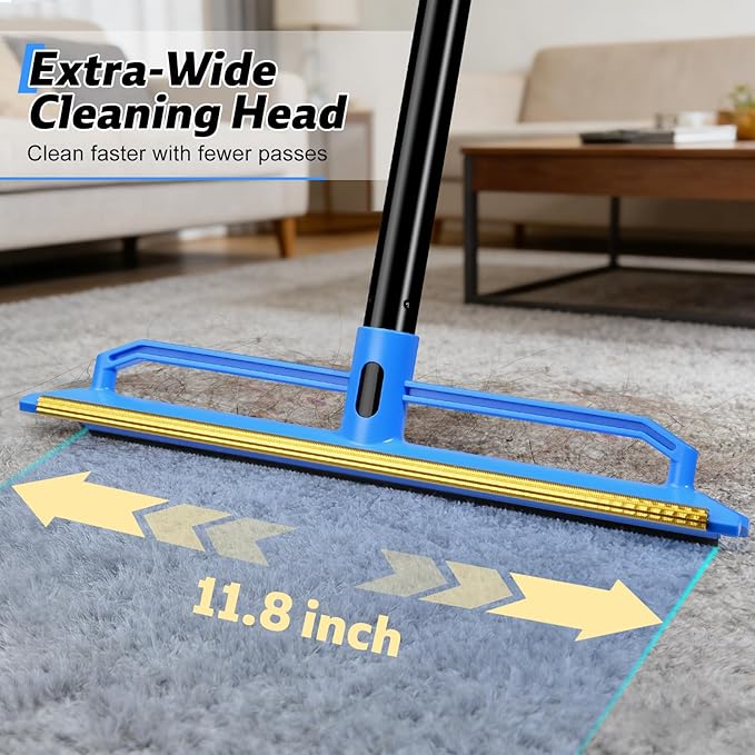Carpet Rake for Pet Hair Removal Tool,2 in 1 Carpet Scraper Fur Sweep Dog Cat Hair Remover with 60" Long Handle for Carpets, Rugs, Couch,Sofa, Furniture,Blue