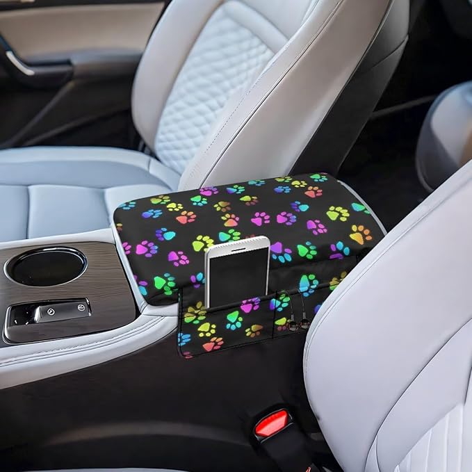 Dreaweet Colorful Dog Paw Print Center Console Cover Thick Arm Rest Cover for Car Women Cute Car Accessories Interior Middle Console Cushion Cover Pad with Pockets