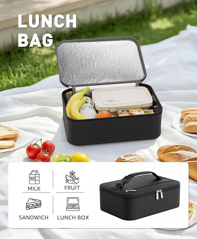 Small Lunch Box Insulated Lunch Bag for Women Men, Bento Kids Lunch Box, Compact Portable Thermal Meal Cooler Bags with Buckle Handle for Work & School, Black, 5L