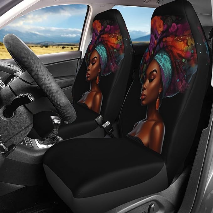 Delerain Car Seat Covers Set 2Pcs, Black African Women Glitter Universal Front Car Seats Vehicle Enterior Protector Suitable Fits Most Car Auto SUV Sedan Truck